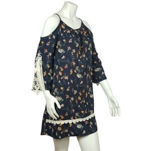 JANUARY 7 Women's Shirt Dress Boho Cold Shoulder Color Blue Flower Print M